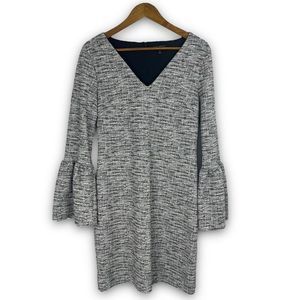 Banana Republic Black White Lined‎ Bell Sleeve V Neck Tweed Midi Dress Small